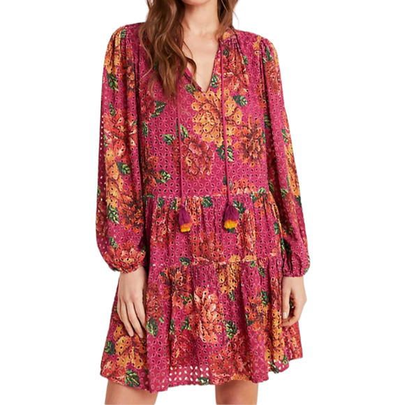 Farm Rio Anthro Eyelet Tiered Tunic Floral Split Neck Pink Multi Large P NWOT - Picture 1 of 12